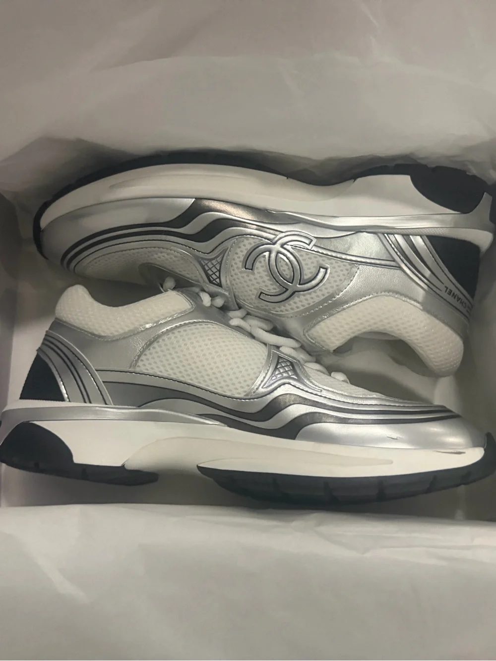 CHANEL Silver & White Logo Runner Sneakers